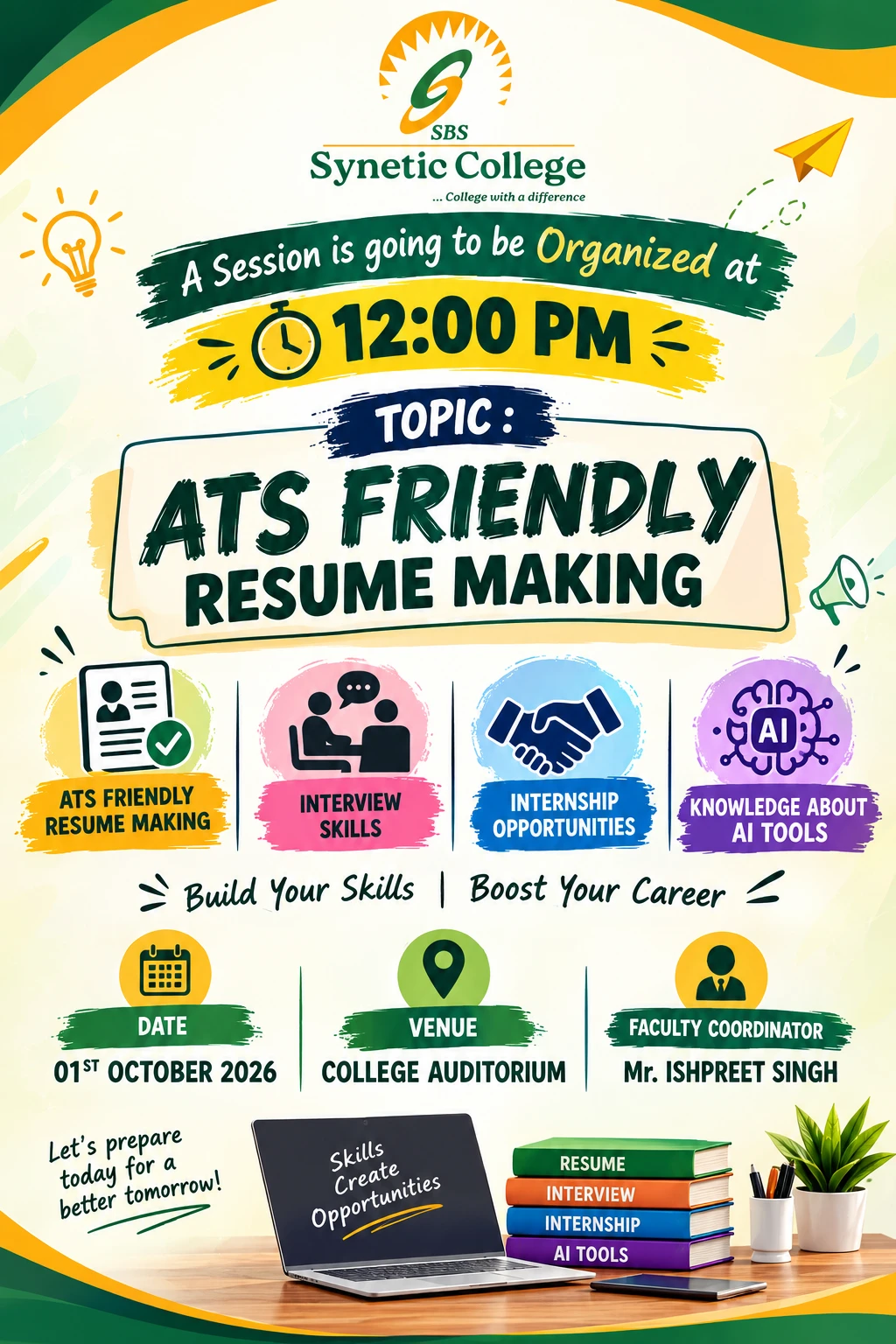 SBS Synetic College poster announcing an ATS-friendly resume making session at 12:00 PM on 1st October 2026 in the College Auditorium, covering resume making, interview skills, internship opportunities, and AI tools