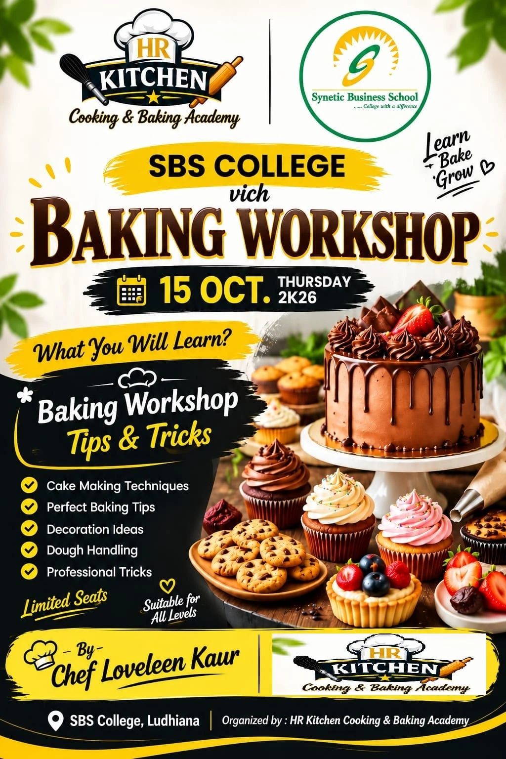 Poster for the SBS College Baking Workshop by HR Kitchen Cooking & Baking Academy, showing a chocolate cake, cupcakes and cookies, with Chef Loveleen Kaur named as the instructor