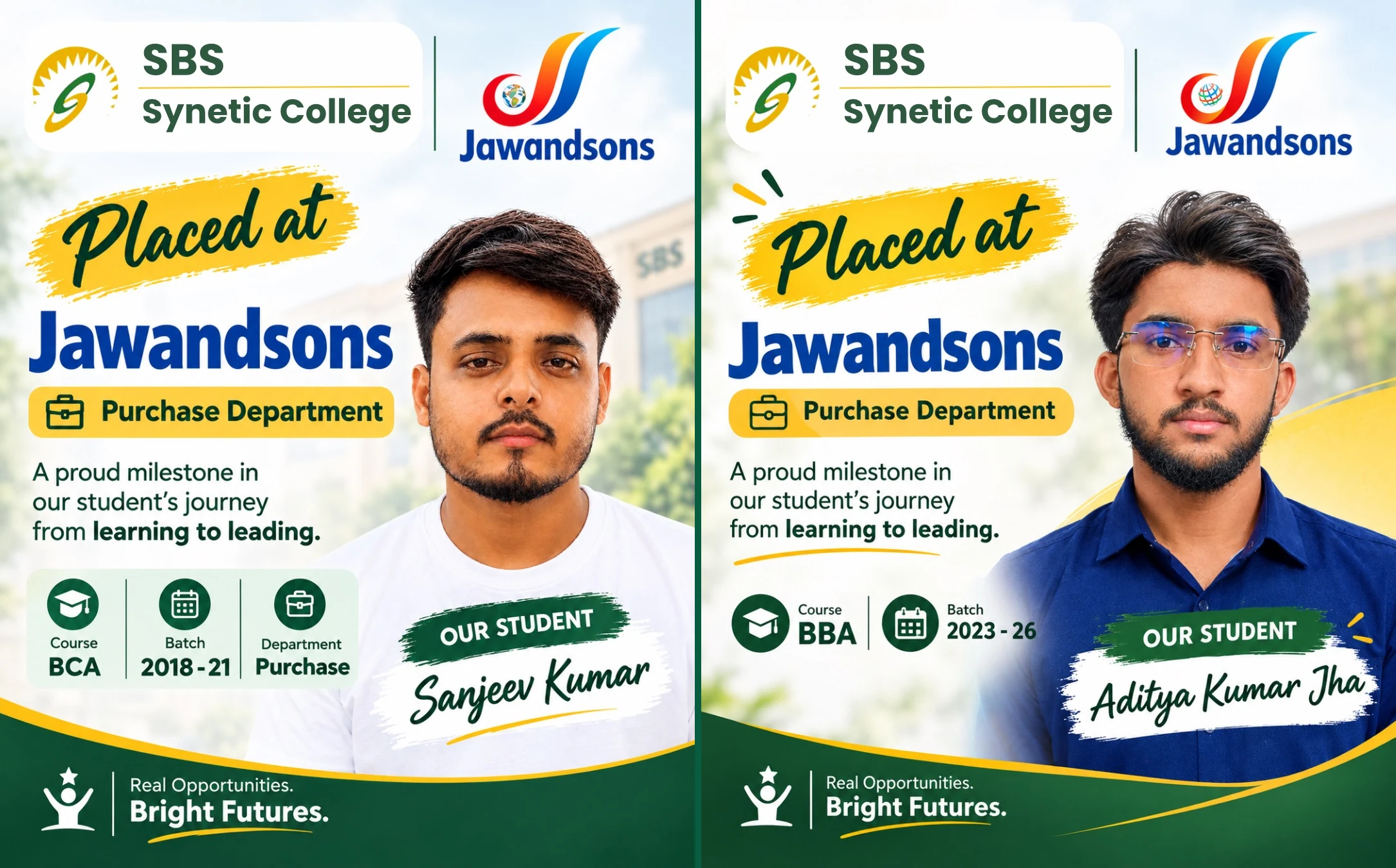 Instagram placement announcement posters for Sanjeev Kumar and Aditya Kumar Jha, placed at Jawandsons in the Purchase Department