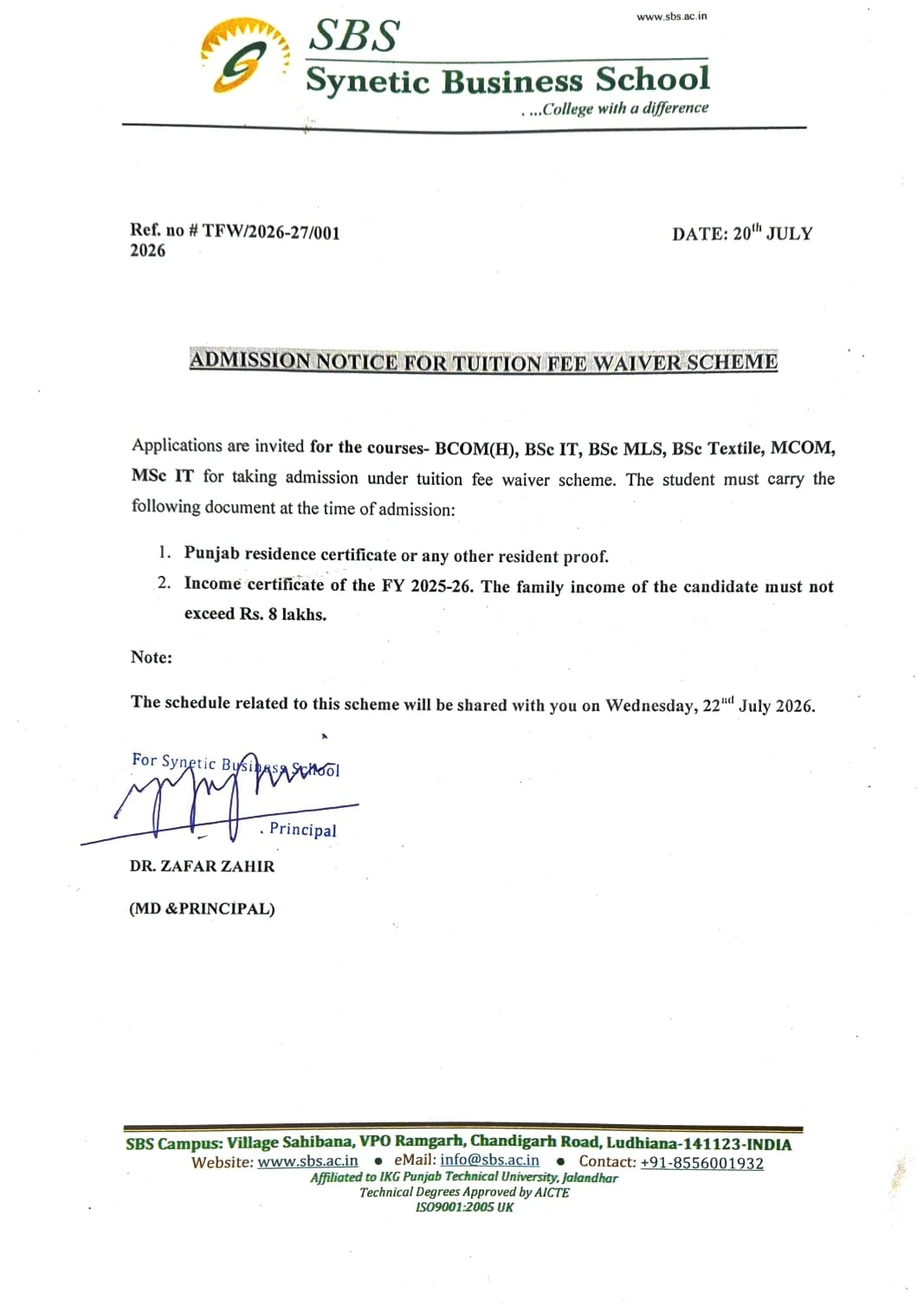 Scanned copy of Admission Notice for Tuition Fee Waiver Scheme, Ref TFW/2026-27/001, dated 20 July 2026