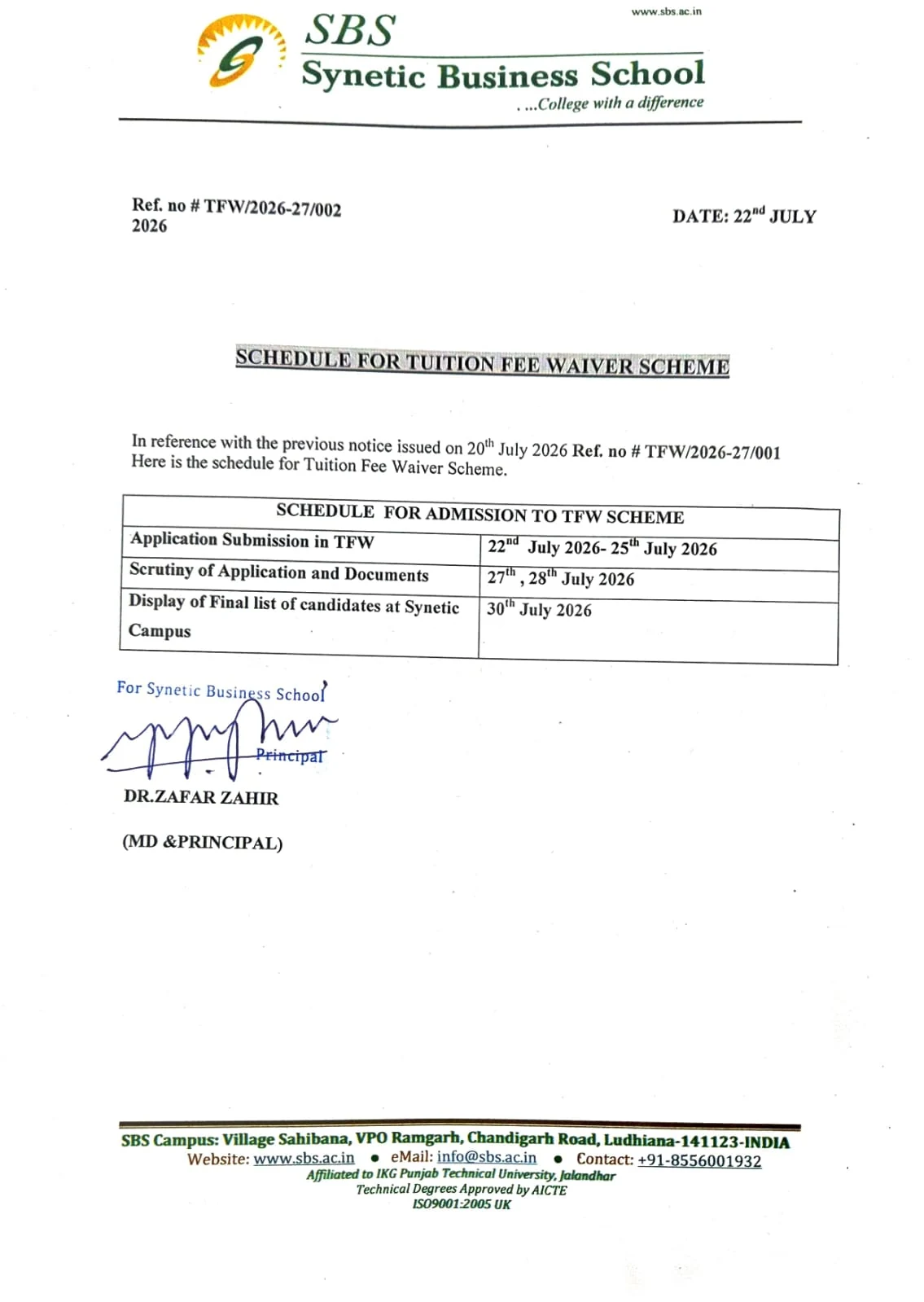 Scanned copy of Schedule for Tuition Fee Waiver Scheme, Ref TFW/2026-27/002, dated 22 July 2026