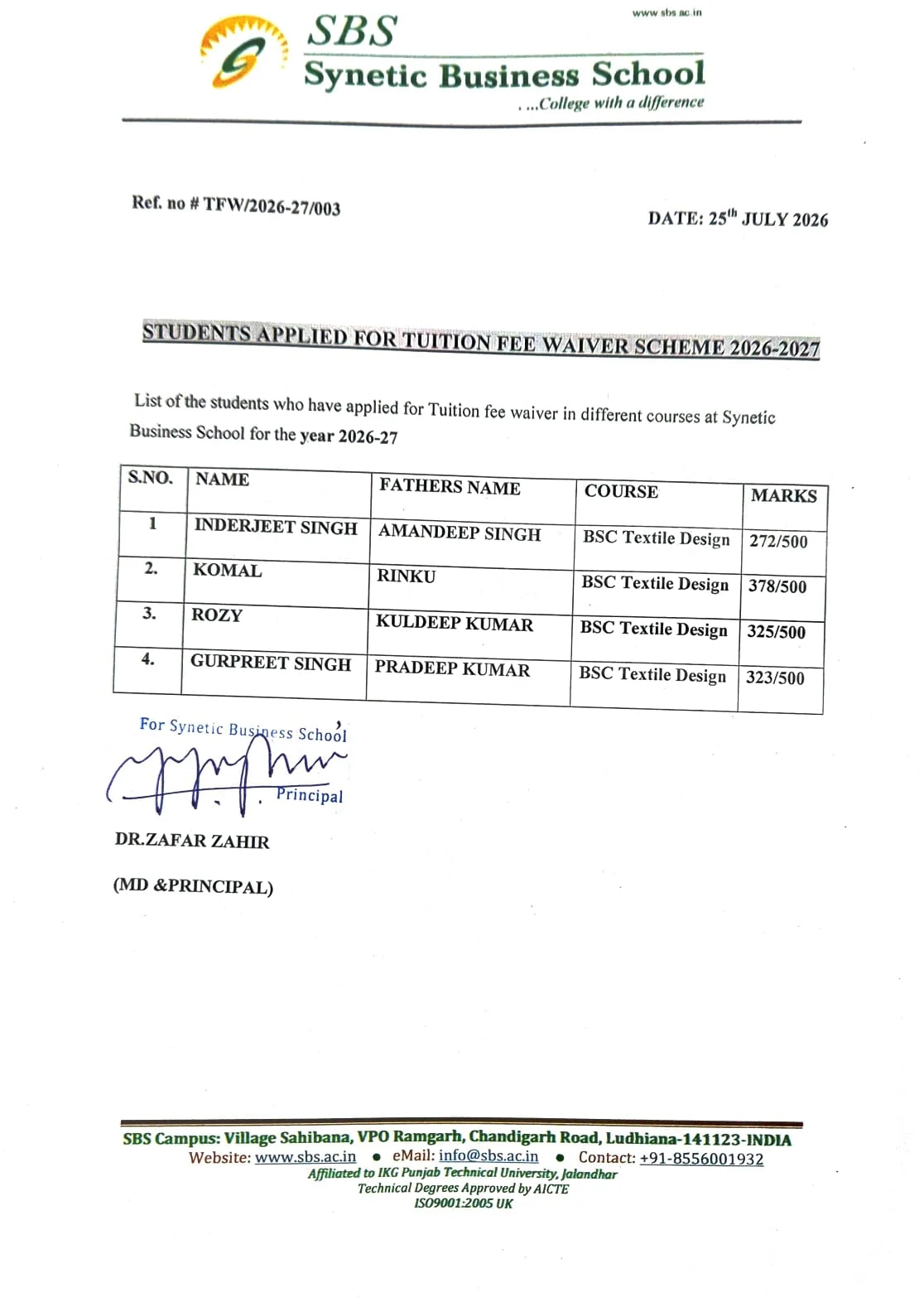 Scanned copy of Students Applied for Tuition Fee Waiver Scheme list, Ref TFW/2026-27/003, dated 25 July 2026