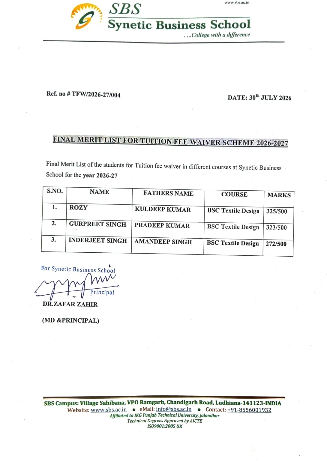 Scanned copy of Final Merit List for Tuition Fee Waiver Scheme, Ref TFW/2026-27/004, dated 30 July 2026